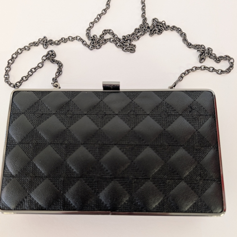 Bag Black Faux Leather Quilted Evening Clutch With Long Shoulder Chain